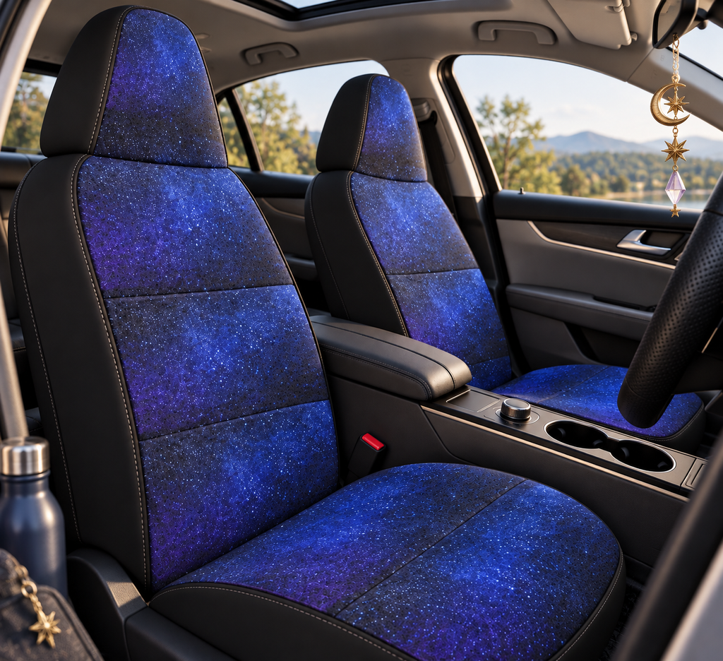 Blue starry galaxy car seat covers shown in a car interior