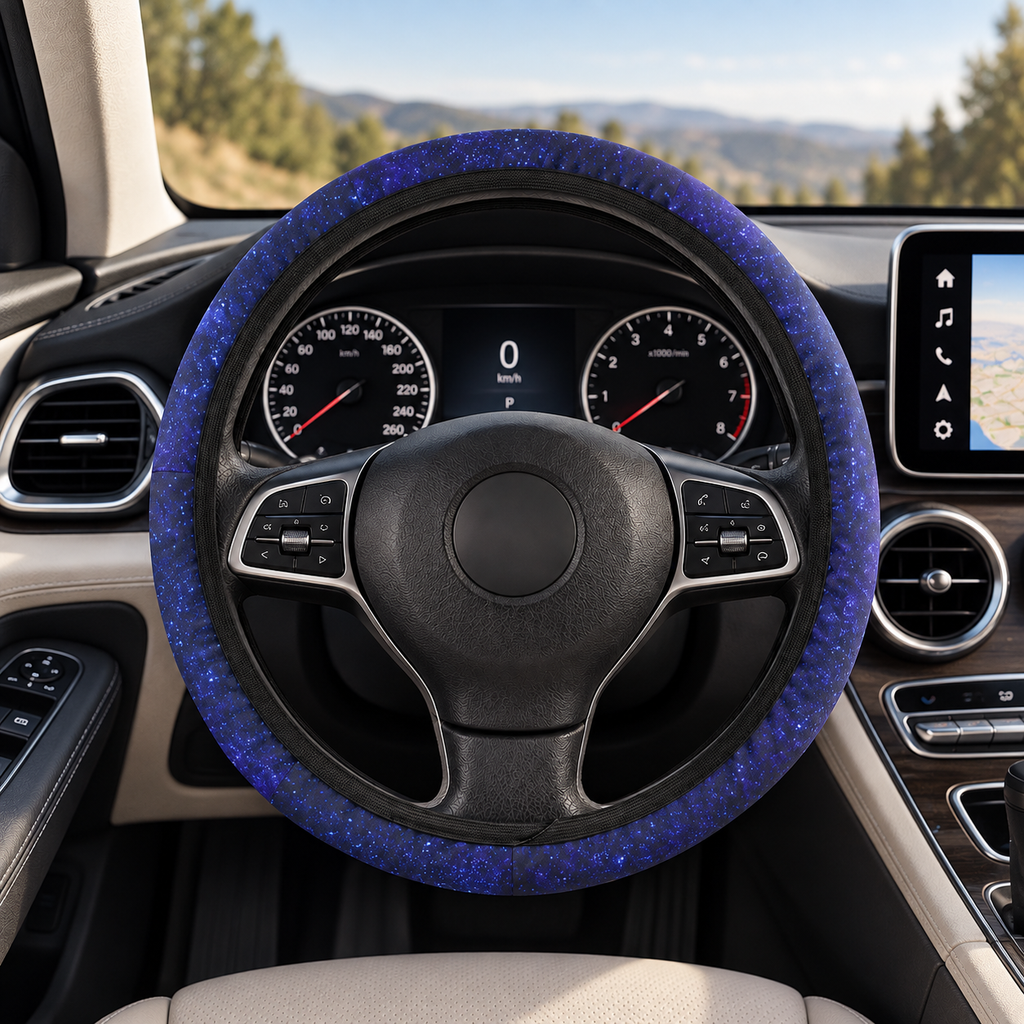 Blue starry galaxy steering wheel cover shown in a car interior
