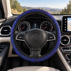 Blue starry galaxy steering wheel cover shown in a car interior