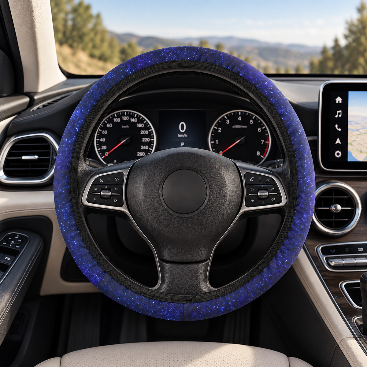 Blue starry galaxy steering wheel cover shown in a car interior