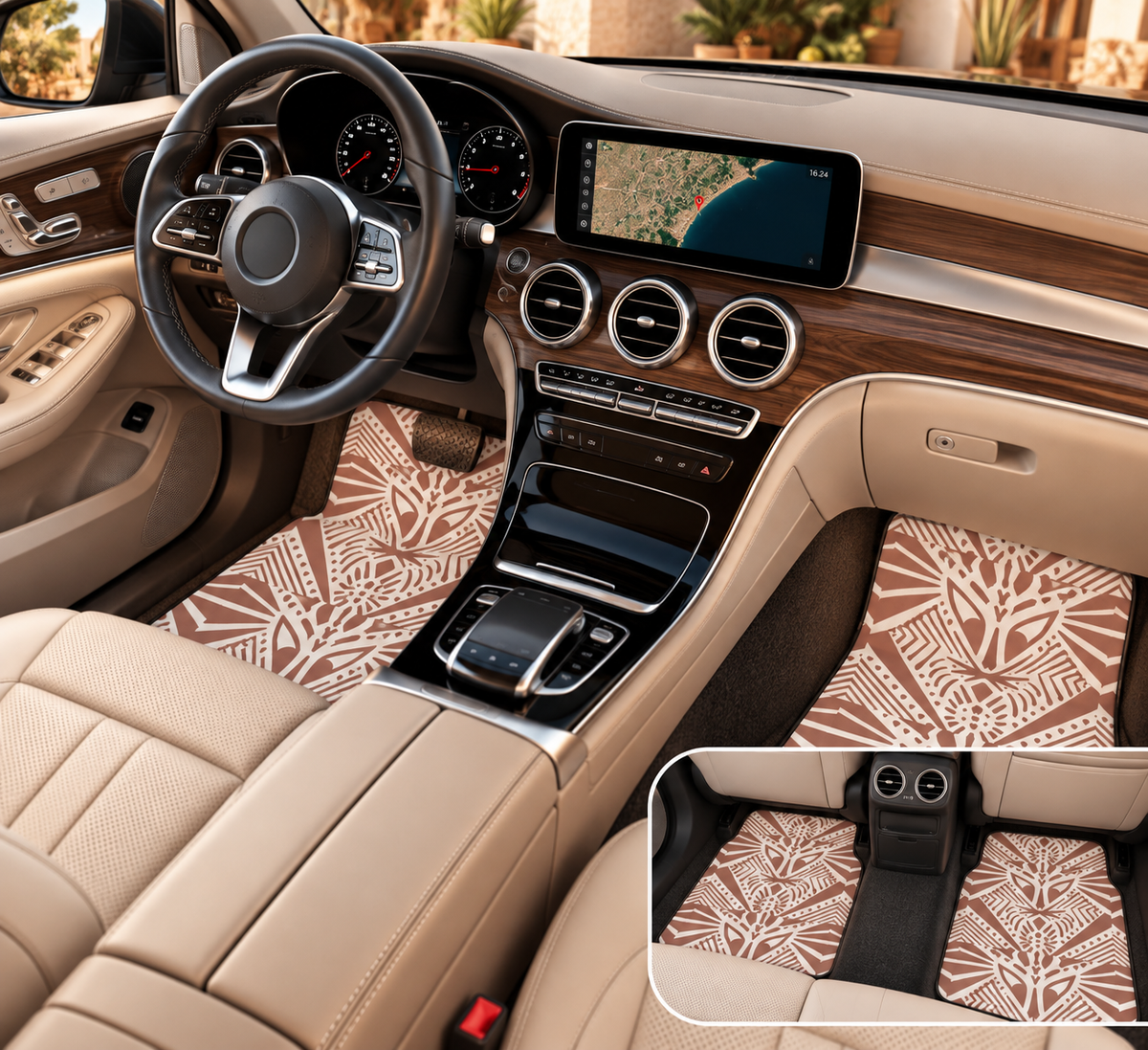 Blush boho tribal car mats shown in a car interior