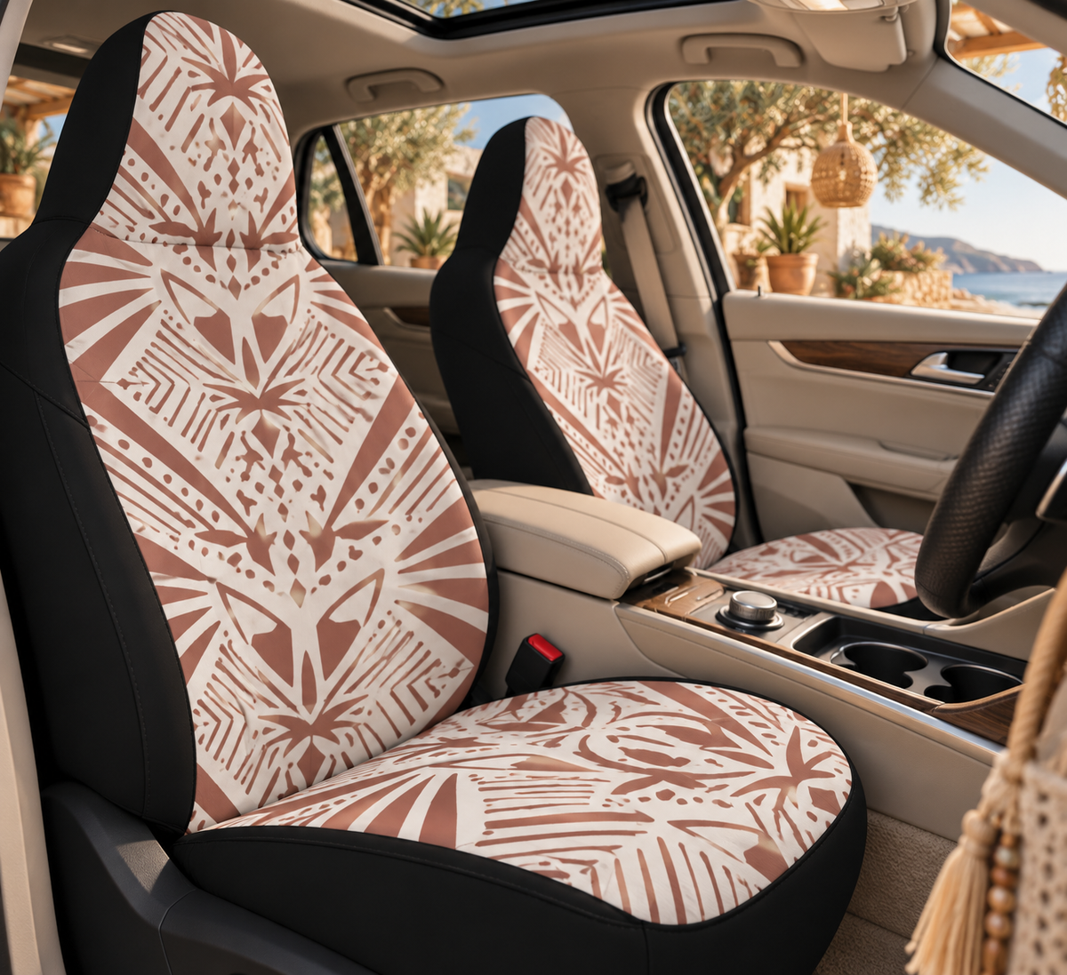 Blush boho tribal car seat covers shown in a car interior