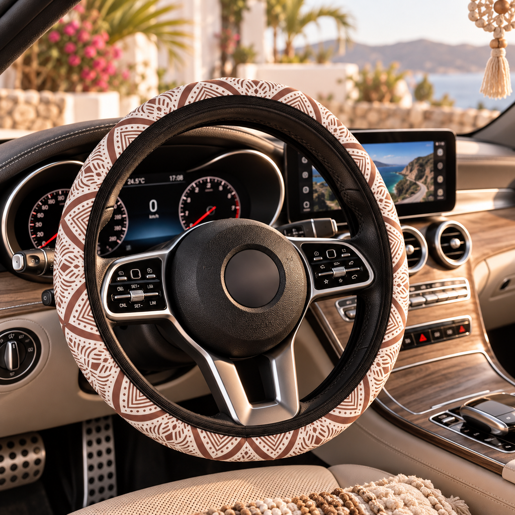 Blush boho tribal steering wheel cover shown in a car interior