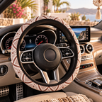 Blush boho tribal steering wheel cover shown in a car interior