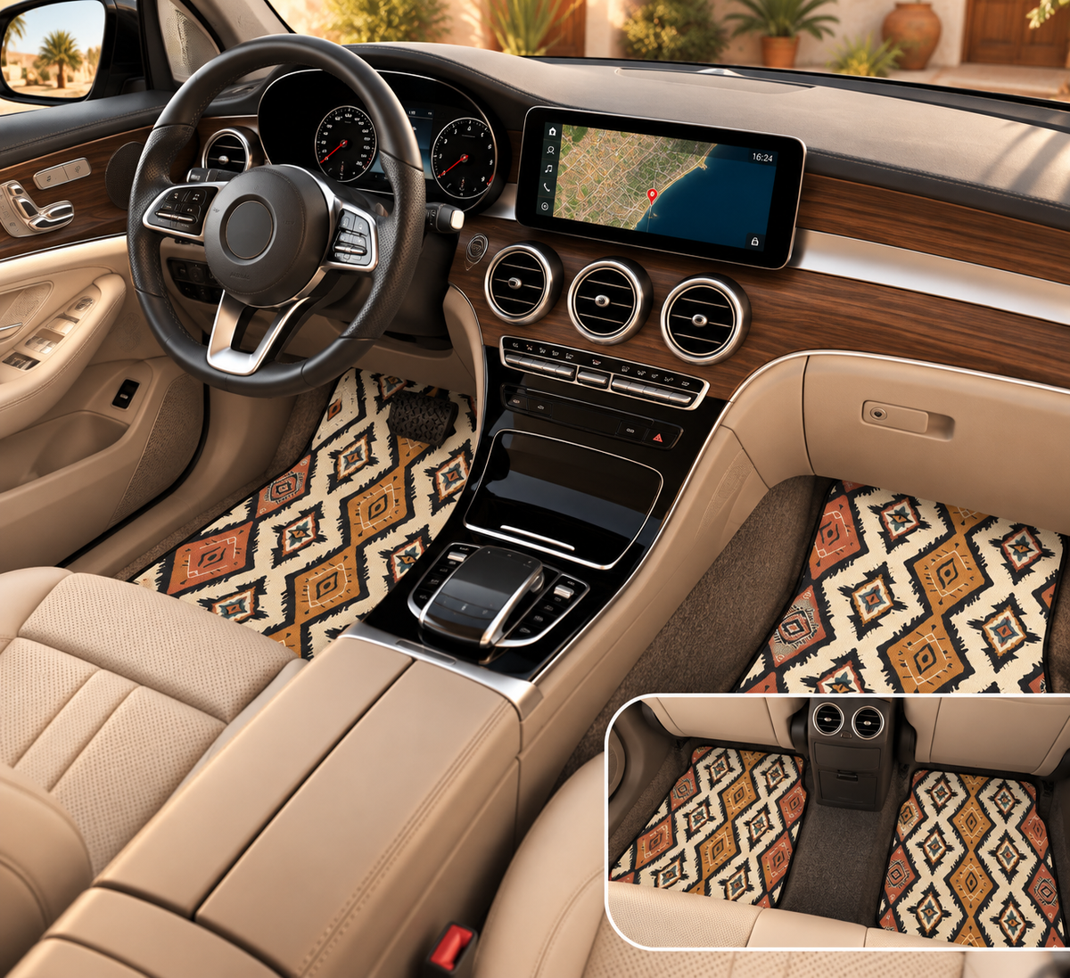 Boho Aztec diamond car mats shown in a car interior