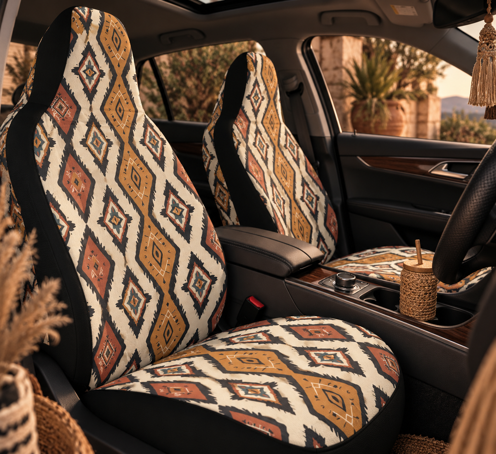 Boho Aztec diamond car seat covers shown in a car interior