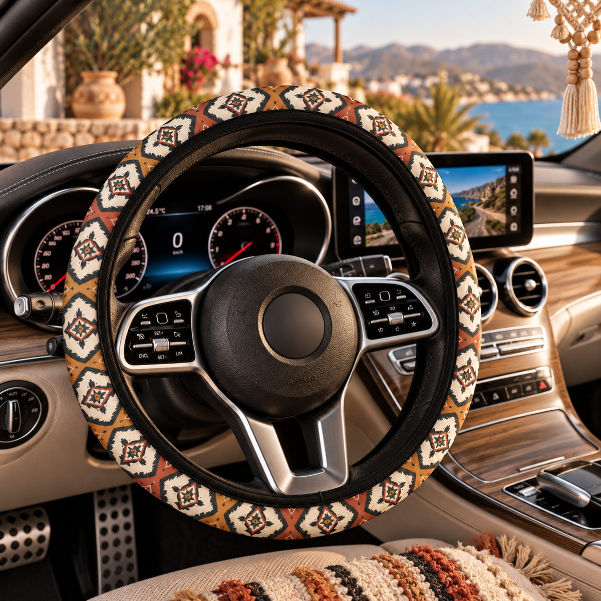 Boho Aztec diamond steering wheel cover shown in a car interior