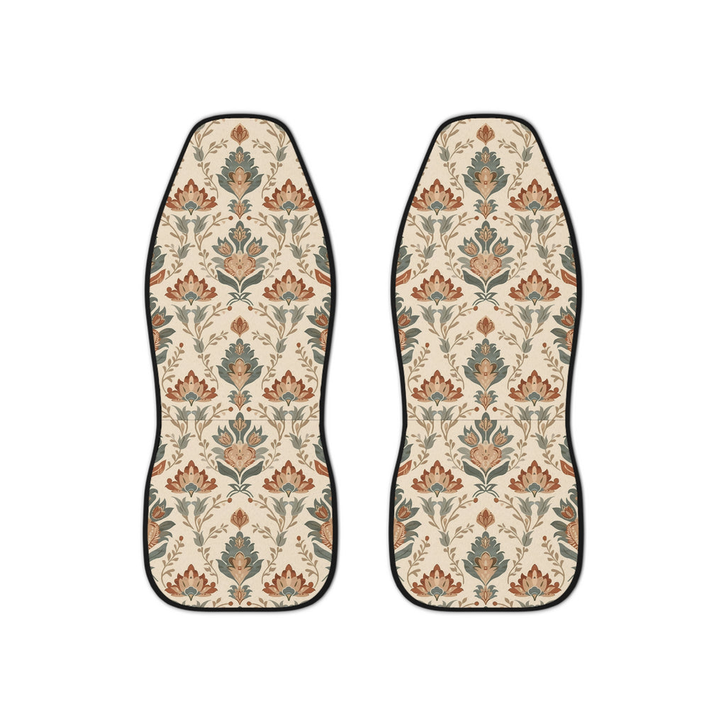 Boho forest print car seat covers, set of two shown side by side