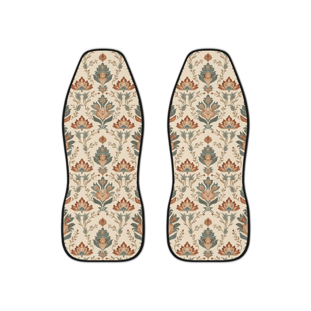 Boho forest print car seat covers, set of two shown side by side