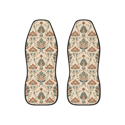 Boho forest print car seat covers, set of two shown side by side