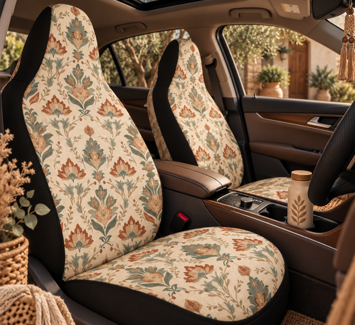 Boho forest print car seat covers shown in a car interior