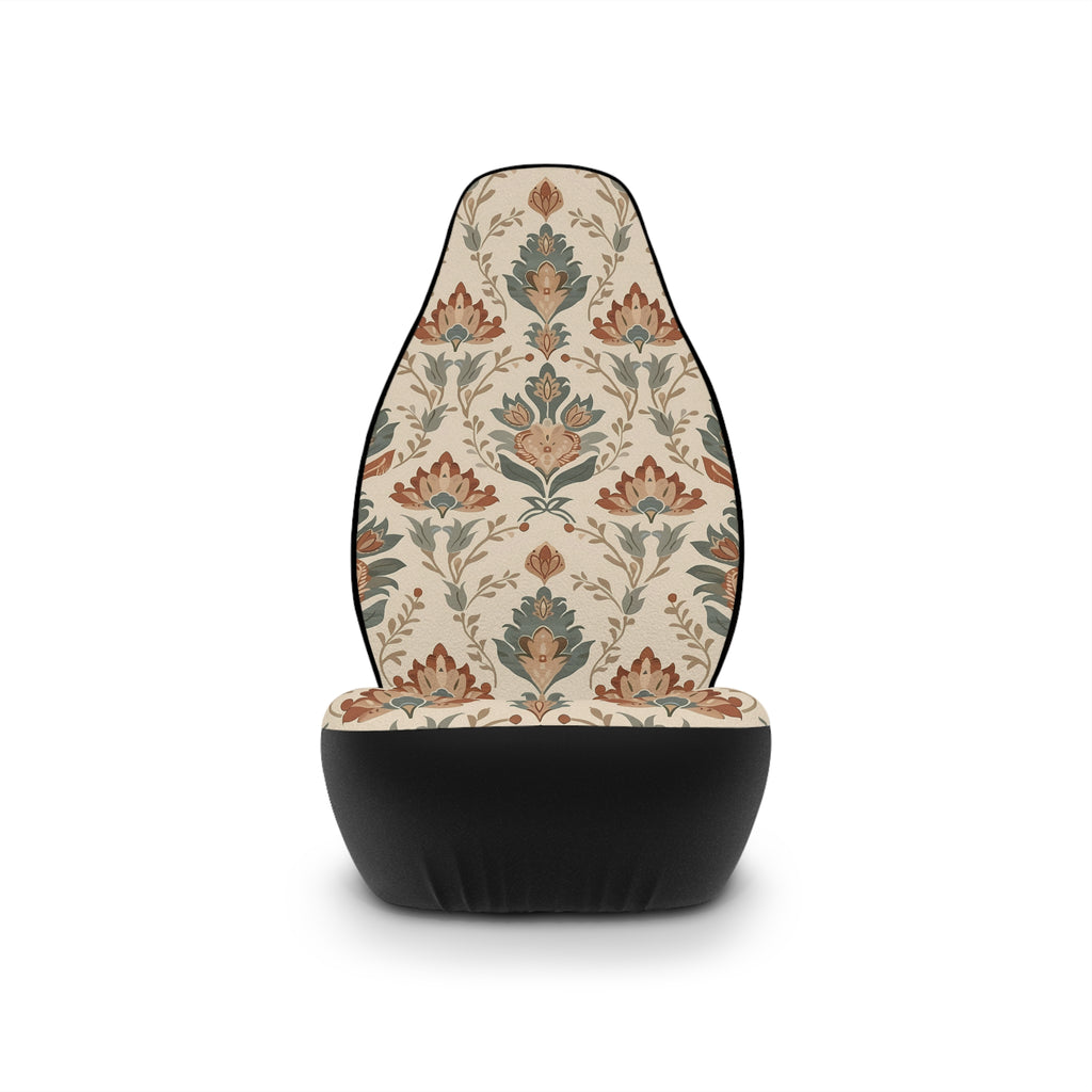 Boho forest print car seat covers, single cover on a seat, front view