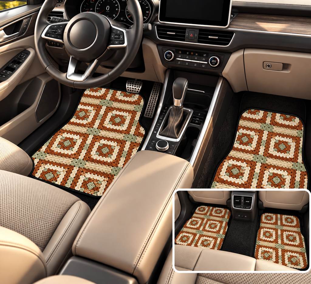 Boho Granny Crochet No. 1 car mats shown in a car interior