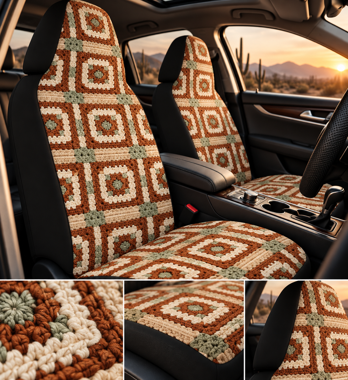 Boho Granny Crochet No. 1 car seat covers shown in a car interior