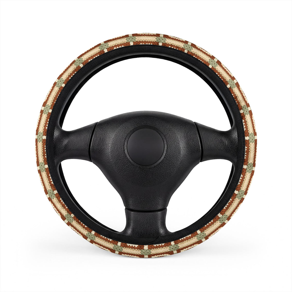 Boho Granny Crochet No. 1 steering wheel cover, on a steering wheel