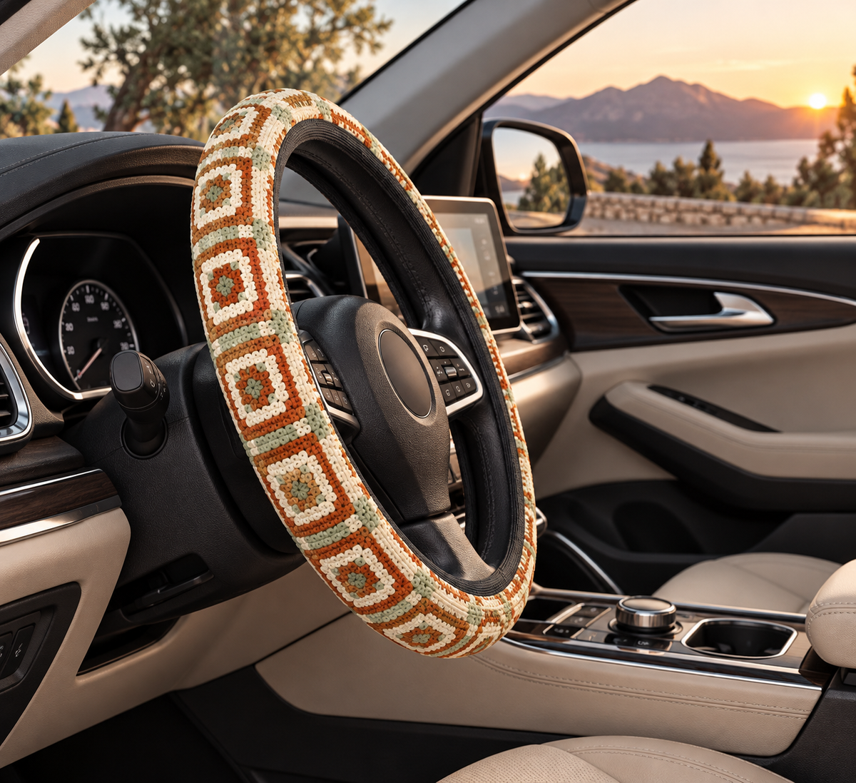 Boho Granny Crochet No. 1 steering wheel cover shown in a car interior