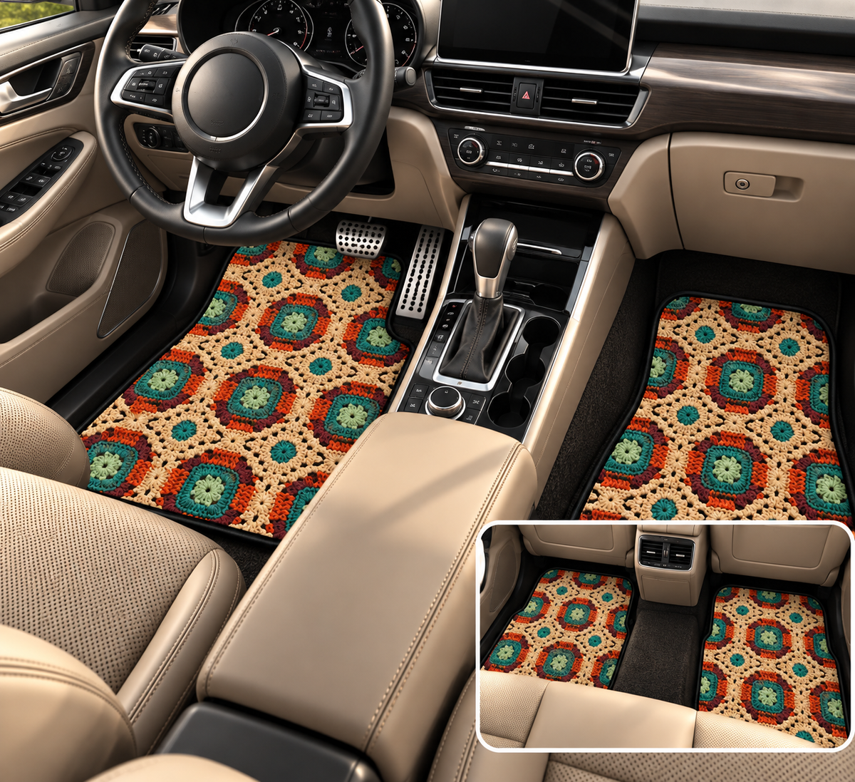 Boho Granny Crochet No. 2 car mats shown in a car interior