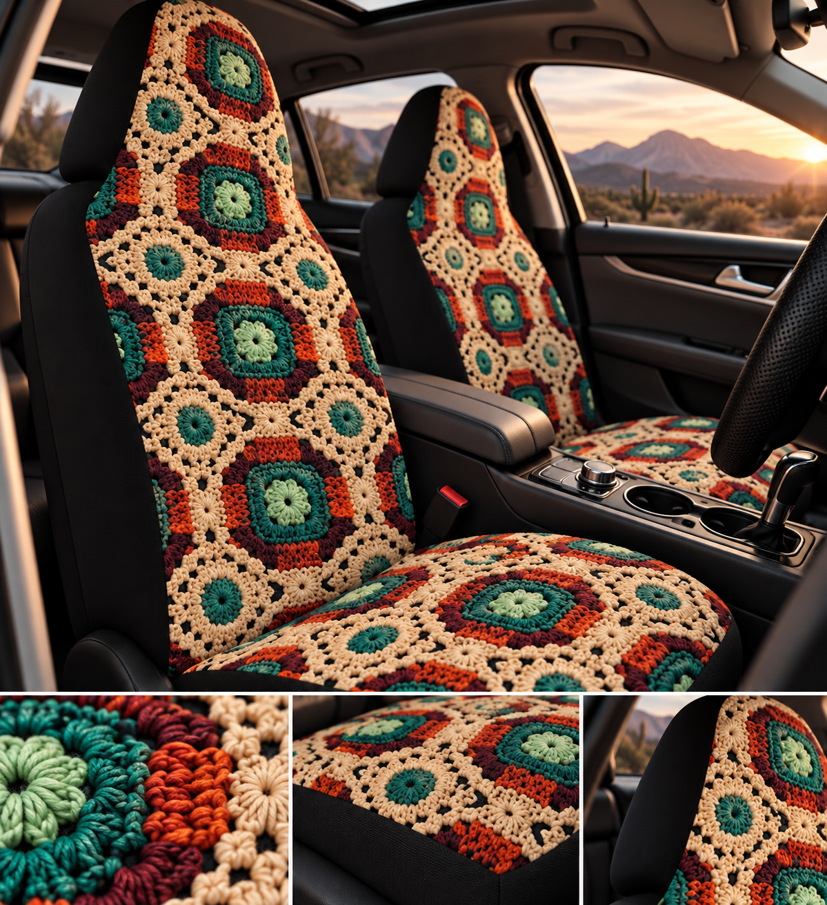 Boho Granny Crochet No. 2 car seat covers shown in a car interior