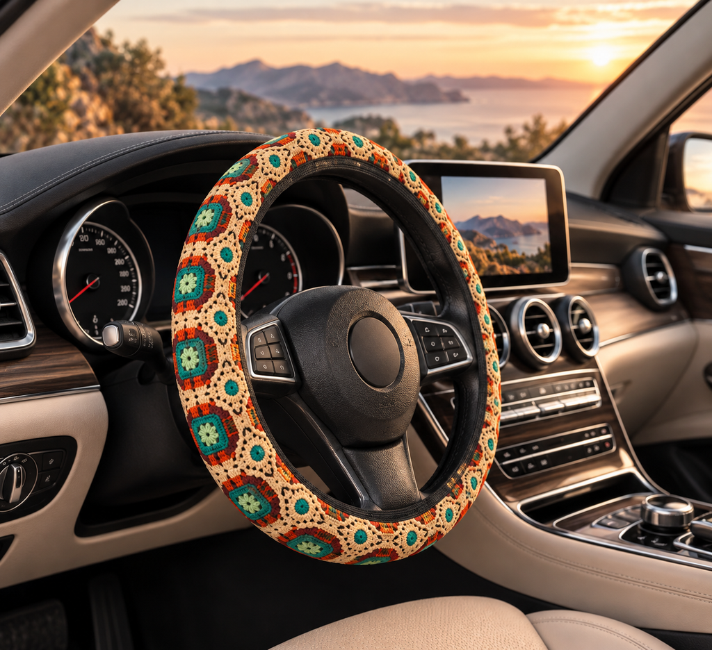 Boho Granny Crochet No. 2 steering wheel cover shown in a car interior