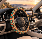 Boho Granny Crochet No. 2 steering wheel cover shown in a car interior