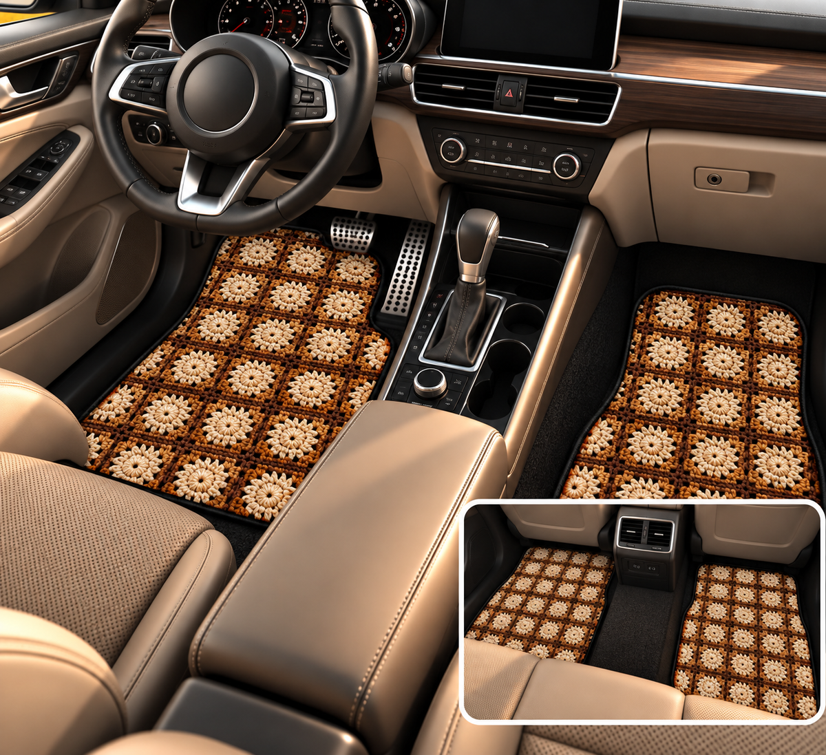 Boho Granny Crochet No. 3 car mats shown in a car interior