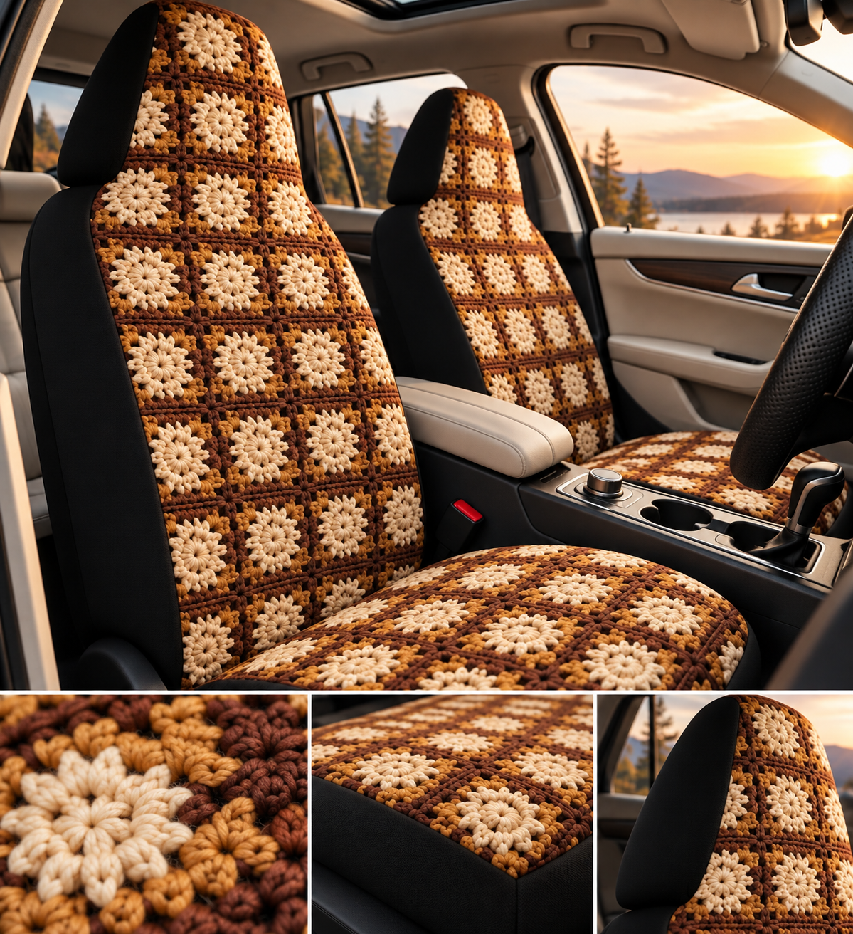 Boho Granny Crochet No. 3 car seat covers shown in a car interior