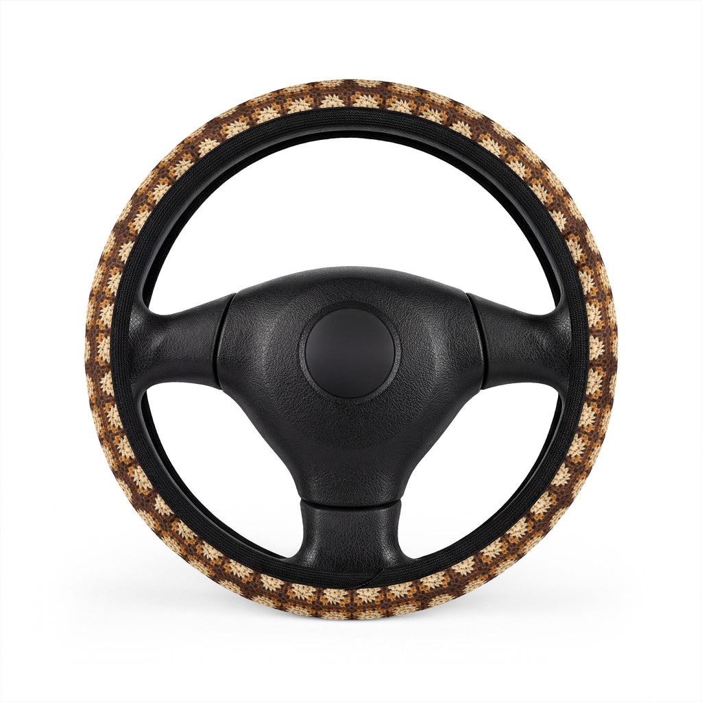 Boho Granny Crochet No. 3 steering wheel cover, on a steering wheel
