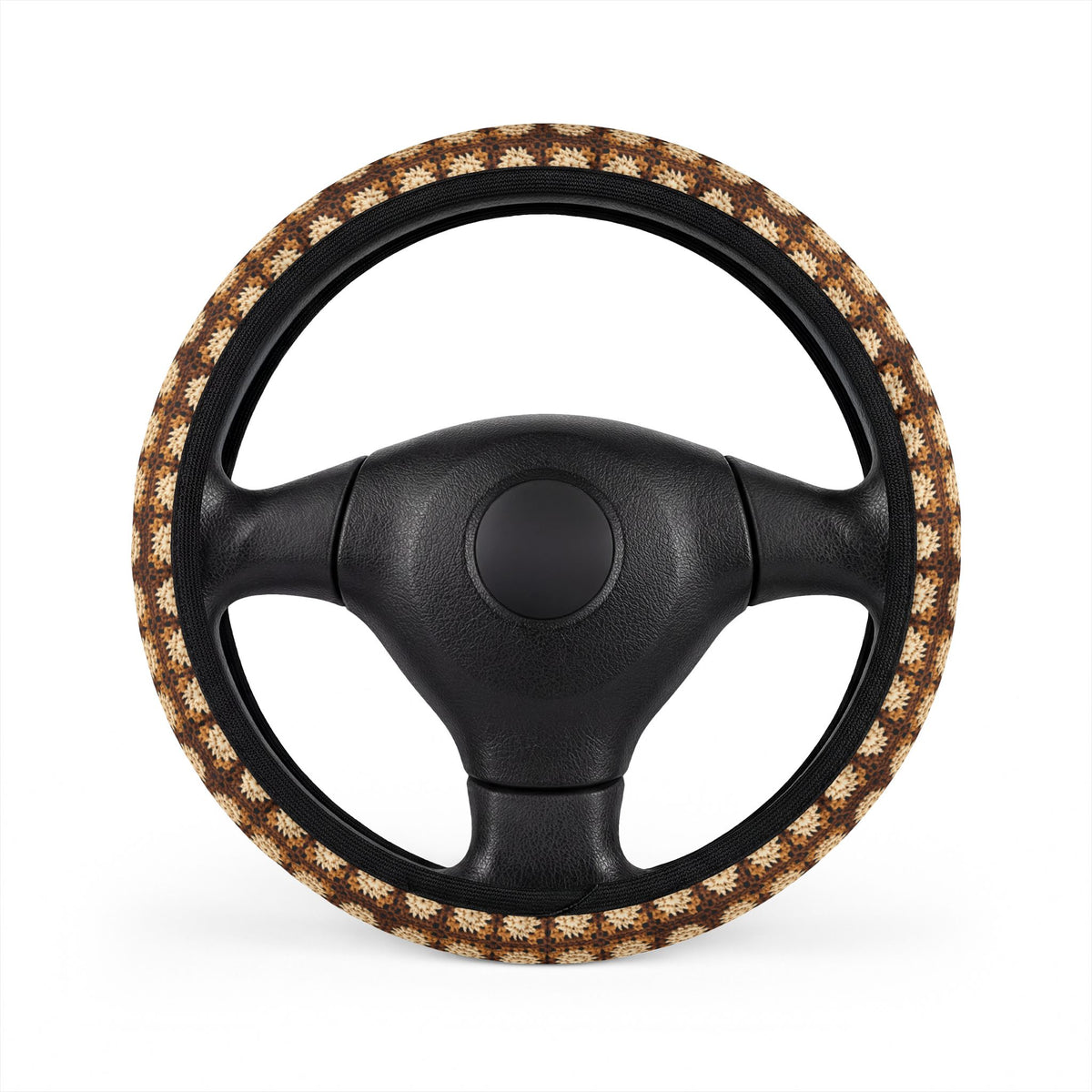 Boho Granny Crochet No. 3 steering wheel cover, on a steering wheel
