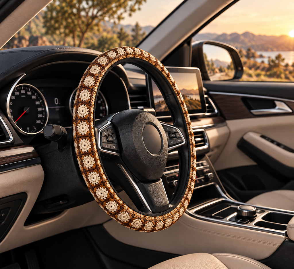 Boho Granny Crochet No. 3 steering wheel cover shown in a car interior