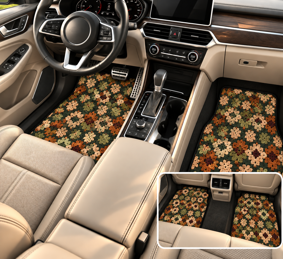Boho Granny Crochet No. 4 car mats shown in a car interior