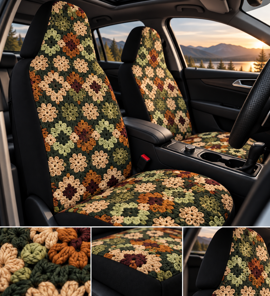 Boho Granny Crochet No. 4 car seat covers shown in a car interior