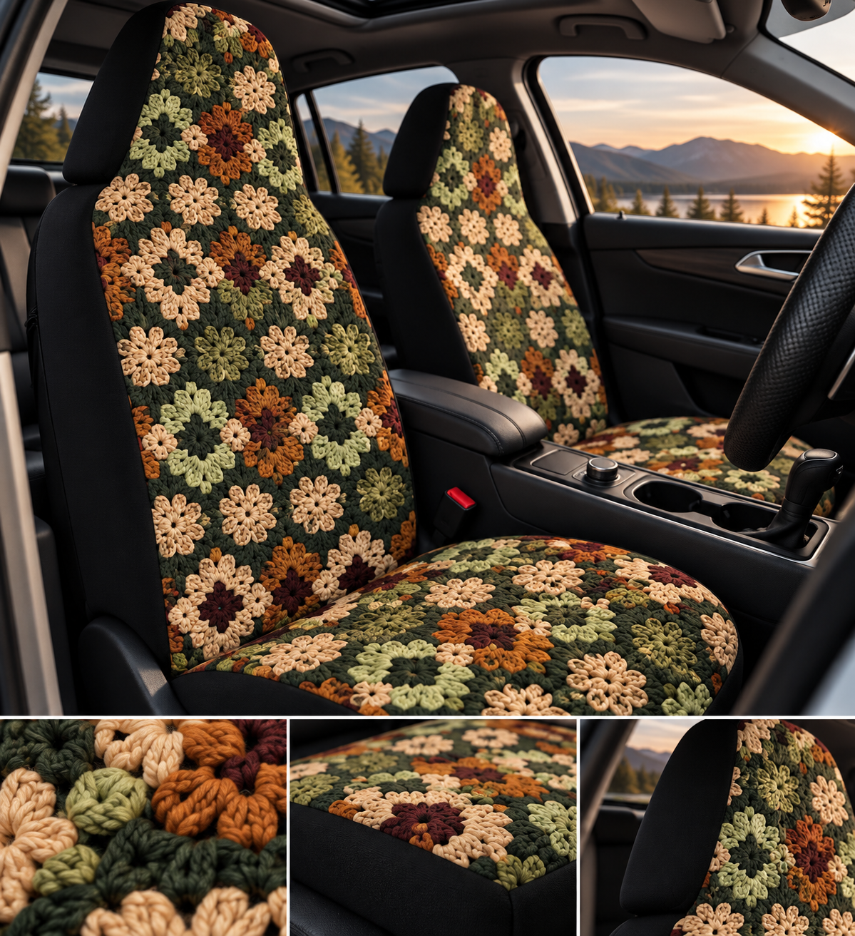 Boho Granny Crochet No. 4 car seat covers shown in a car interior