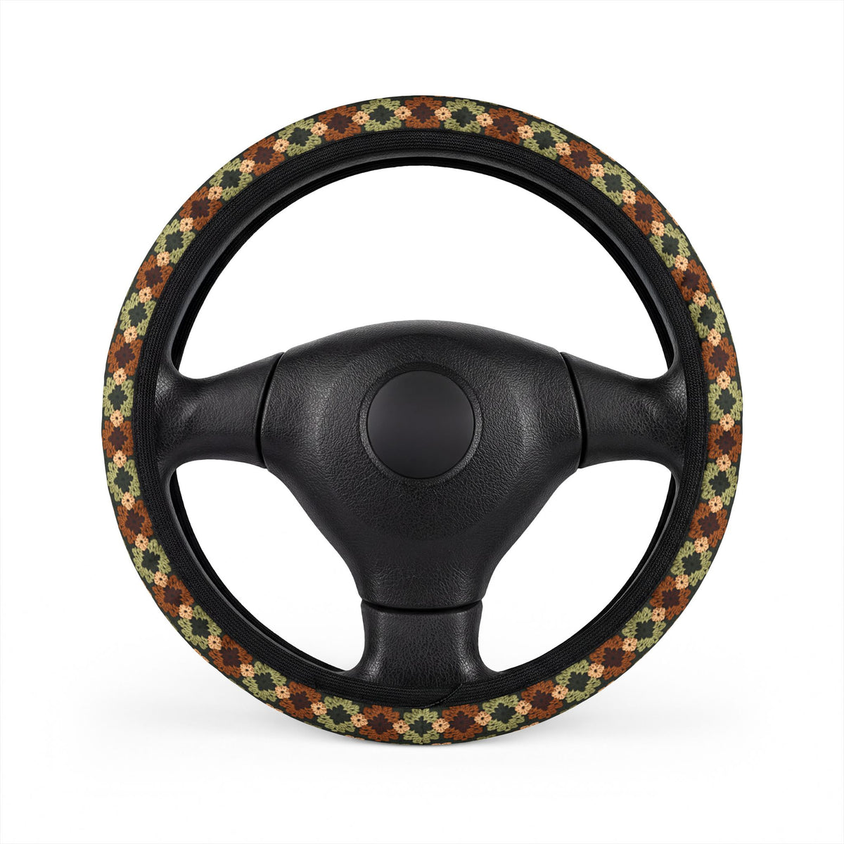 Boho Granny Crochet No. 4 steering wheel cover, on a steering wheel