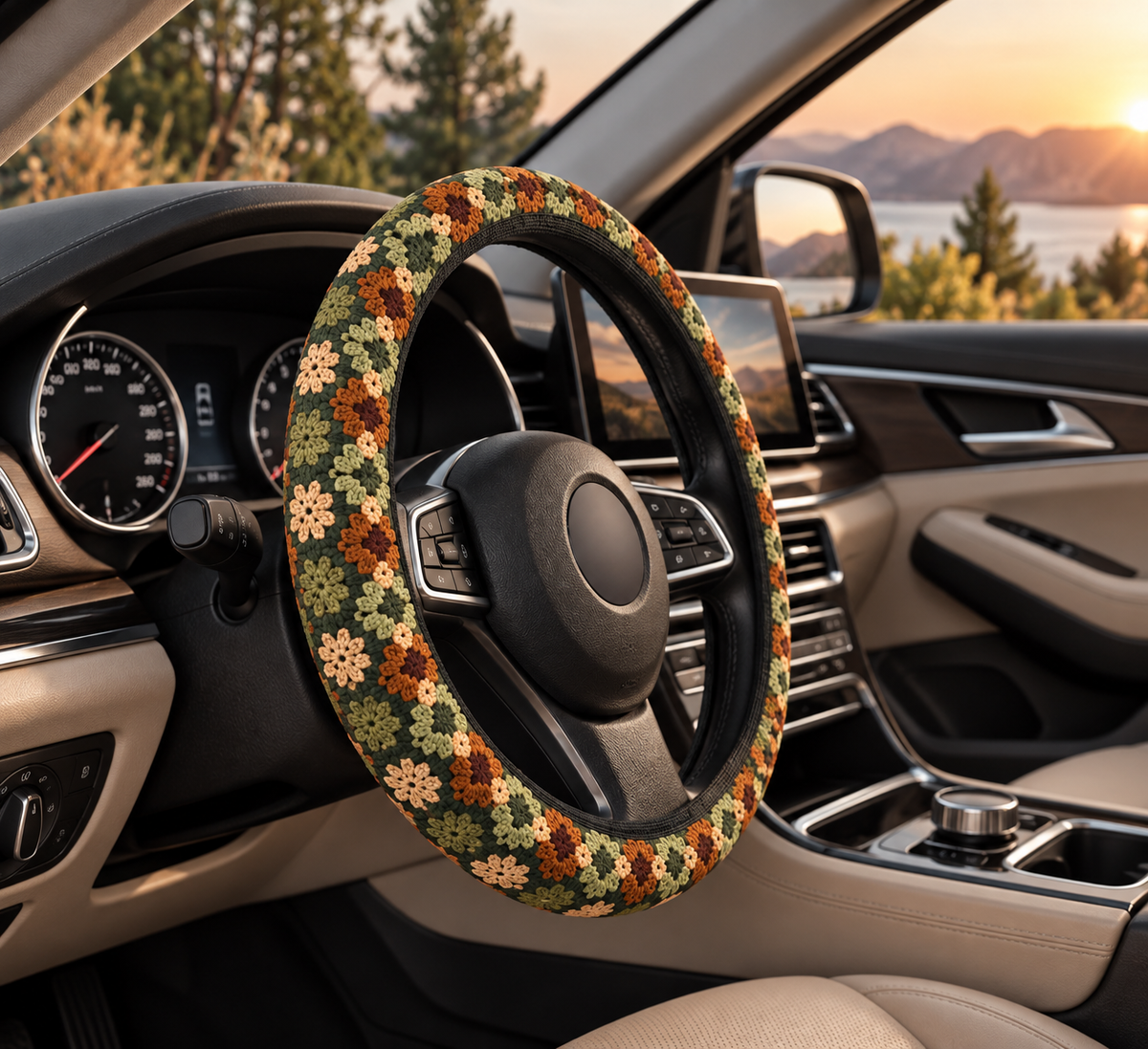 Boho Granny Crochet No. 4 steering wheel cover shown in a car interior