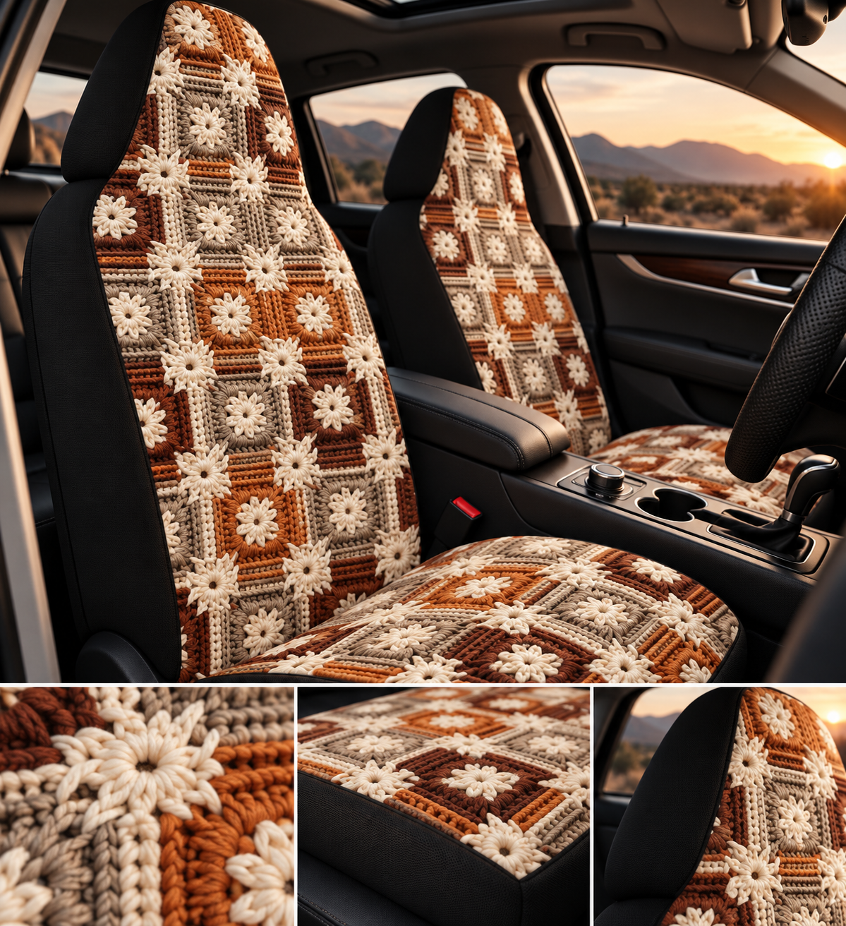 Boho Granny Crochet No. 5 car seat covers shown in a car interior