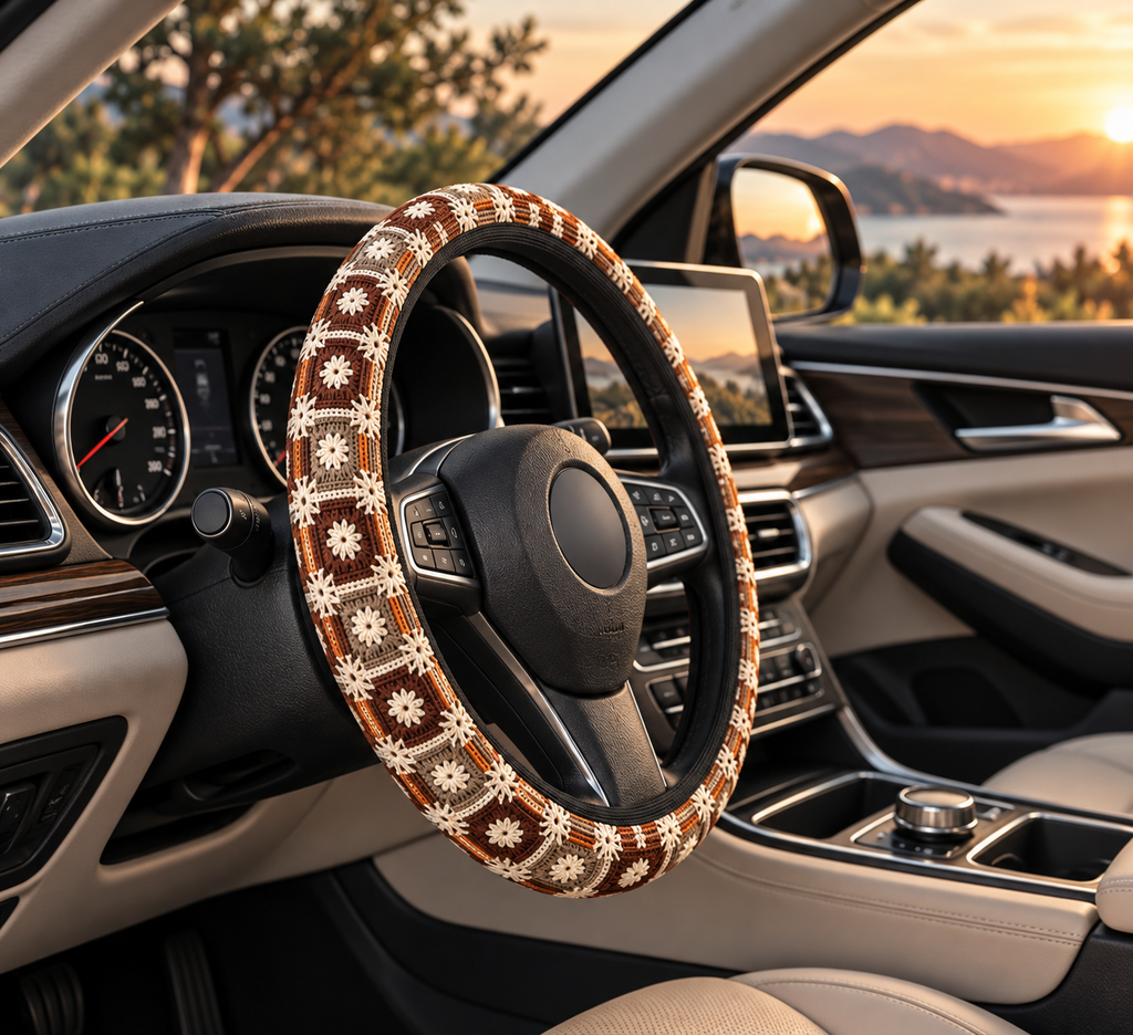Boho Granny Crochet No. 5 steering wheel cover shown in a car interior