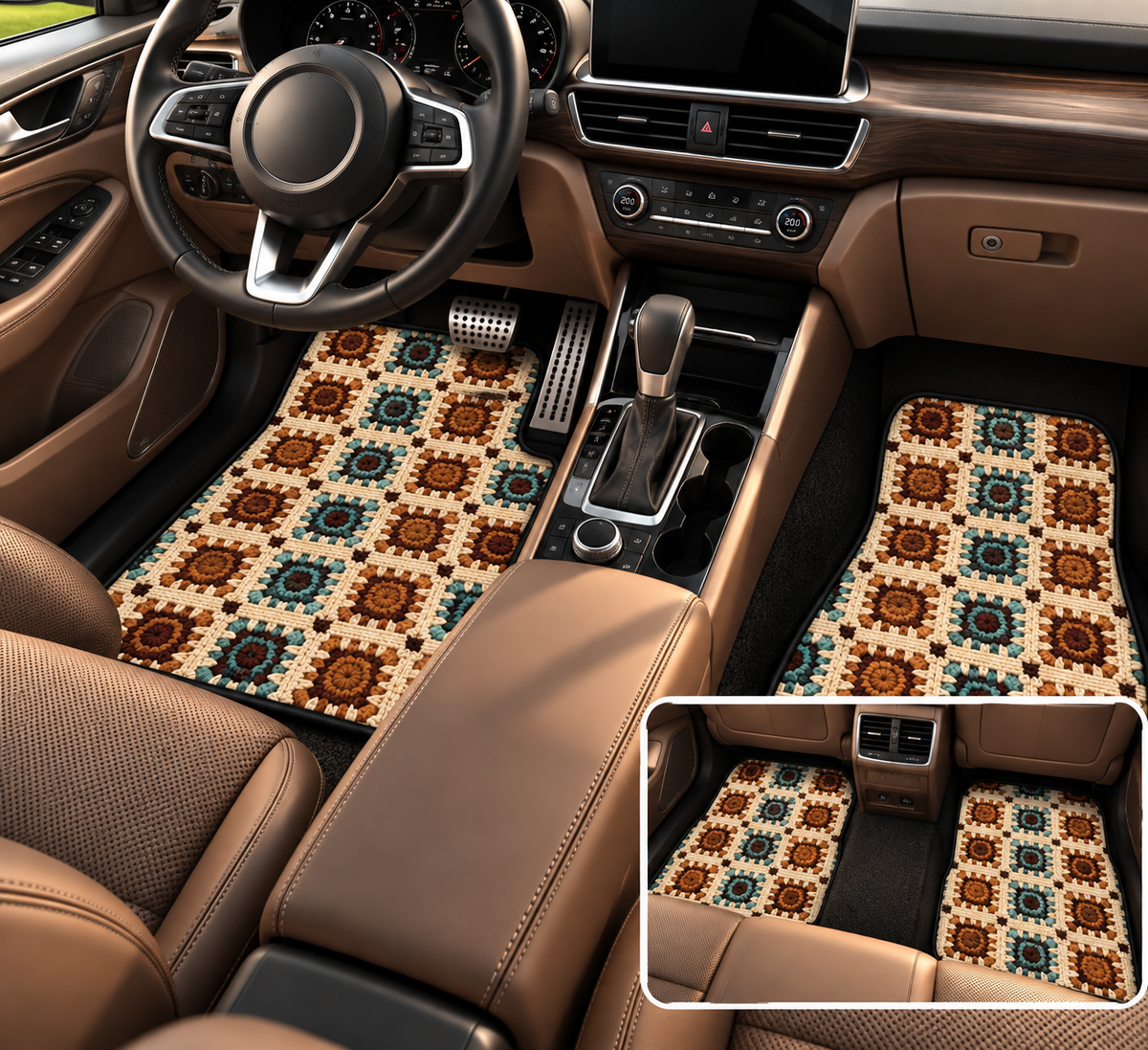 Boho Granny Crochet No. 6 car mats shown in a car interior