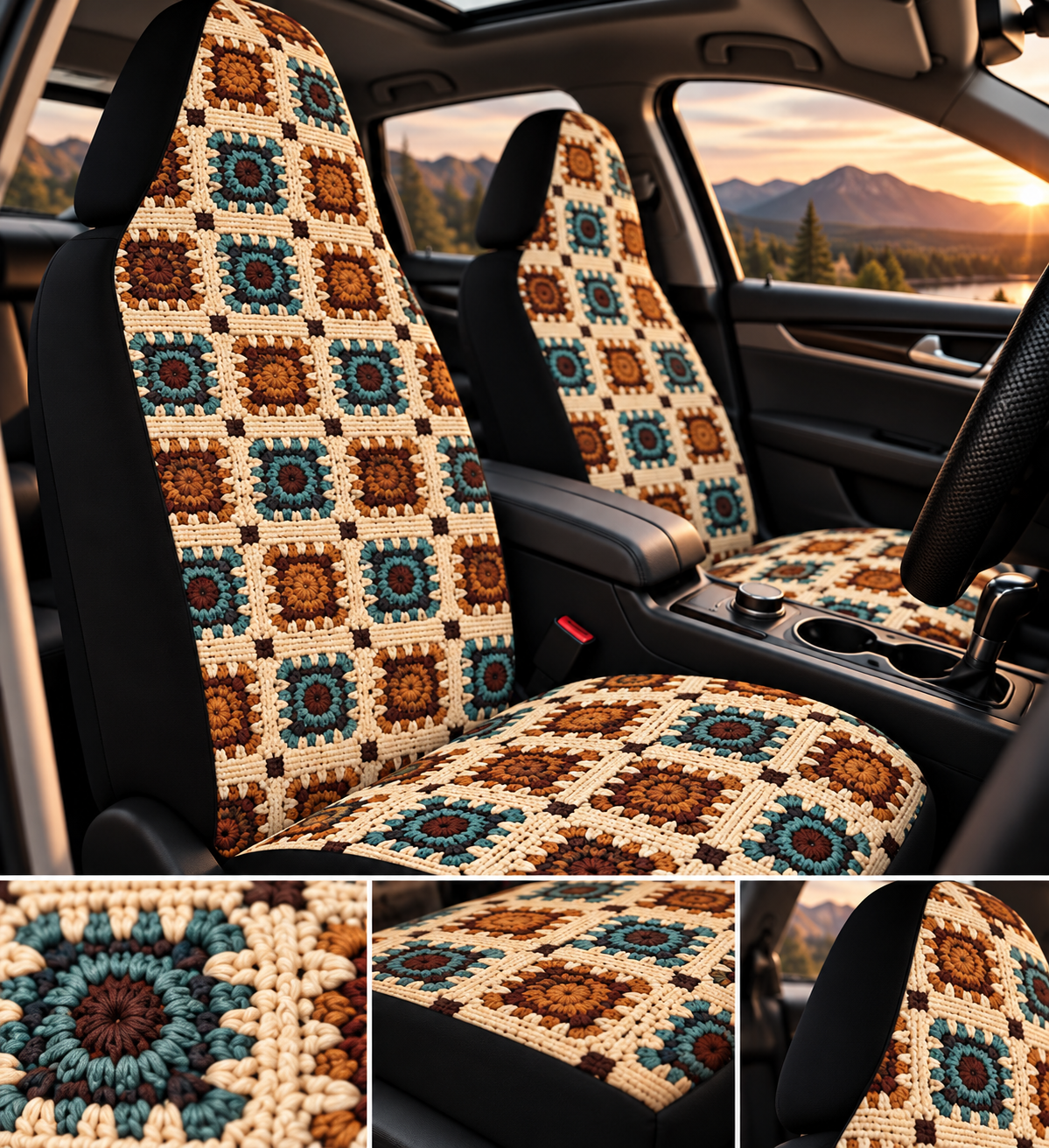 Boho Granny Crochet No. 6 car seat covers shown in a car interior