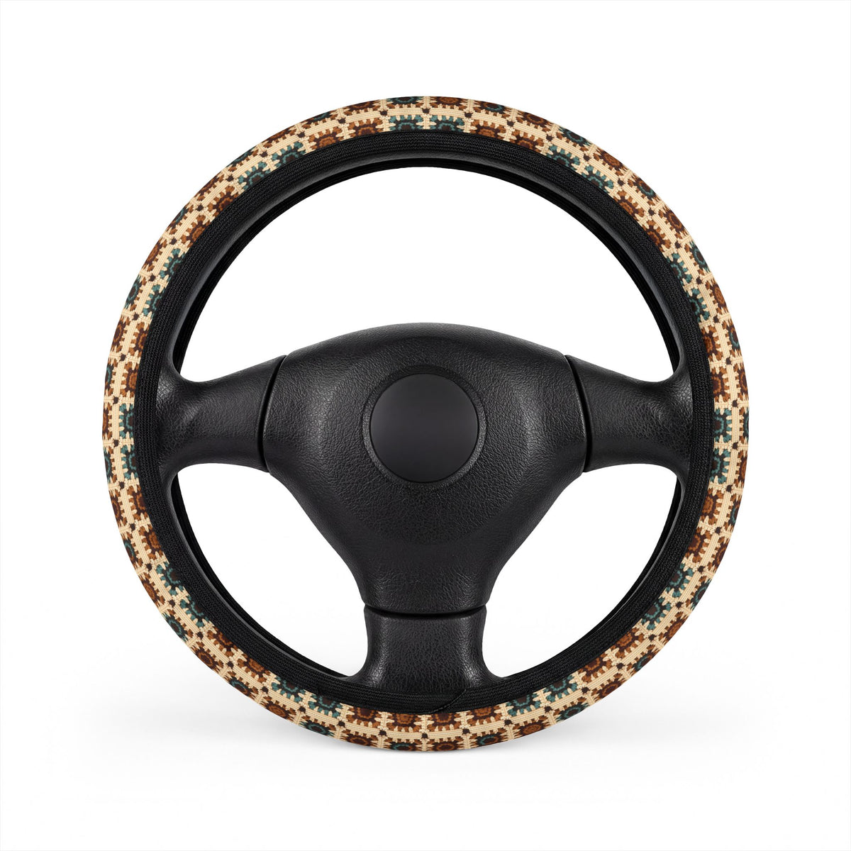Boho Granny Crochet No. 6 steering wheel cover, on a steering wheel