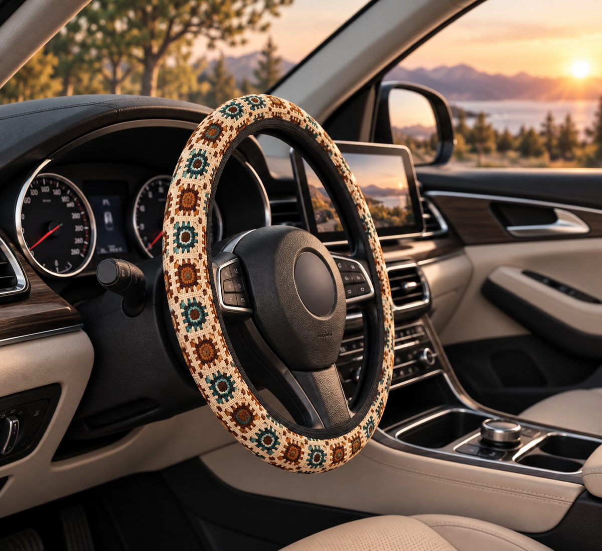 Boho Granny Crochet No. 6 steering wheel cover shown in a car interior