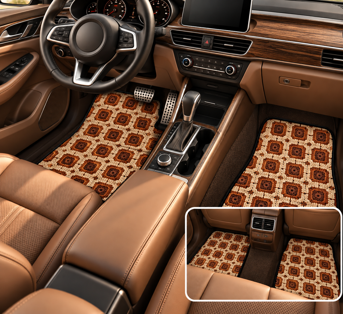 Boho Granny Crochet No. 7 car mats shown in a car interior