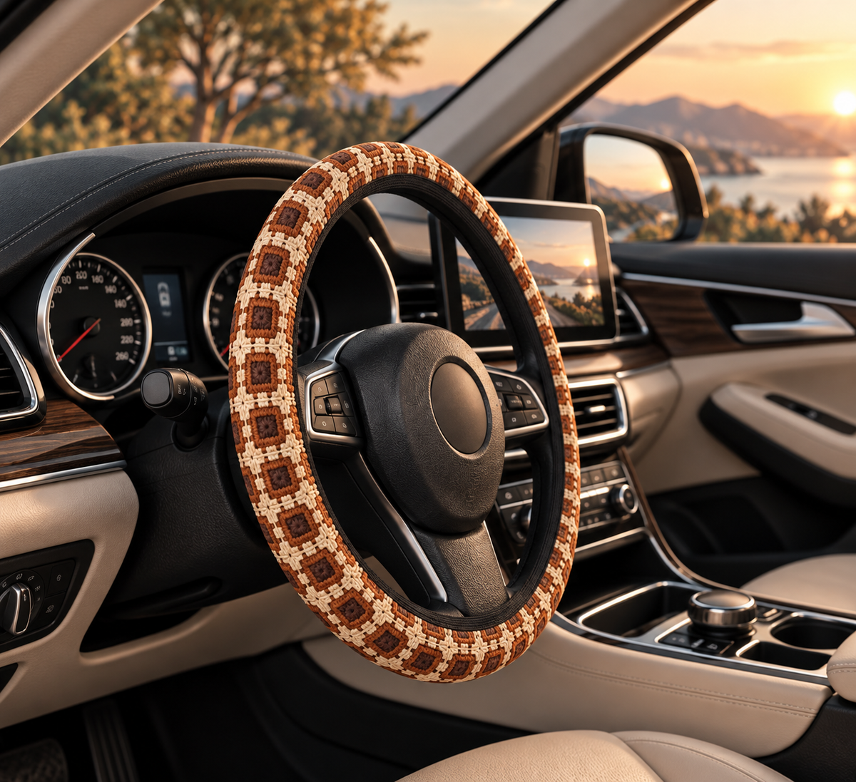 Boho Granny Crochet No. 7 steering wheel cover shown in a car interior