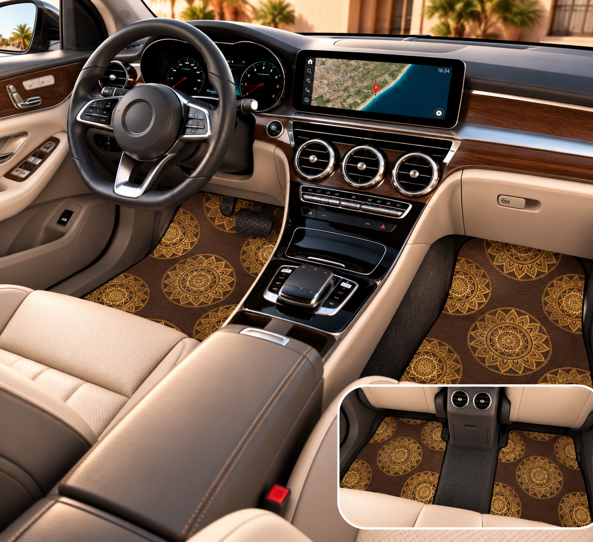 Boho mandala leather look car mats shown in a car interior