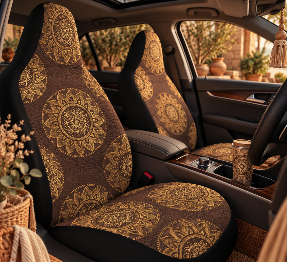 Boho mandala leather look car seat covers shown in a car interior