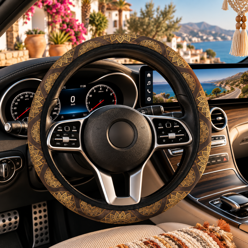 Boho mandala leather look steering wheel cover shown in a car interior