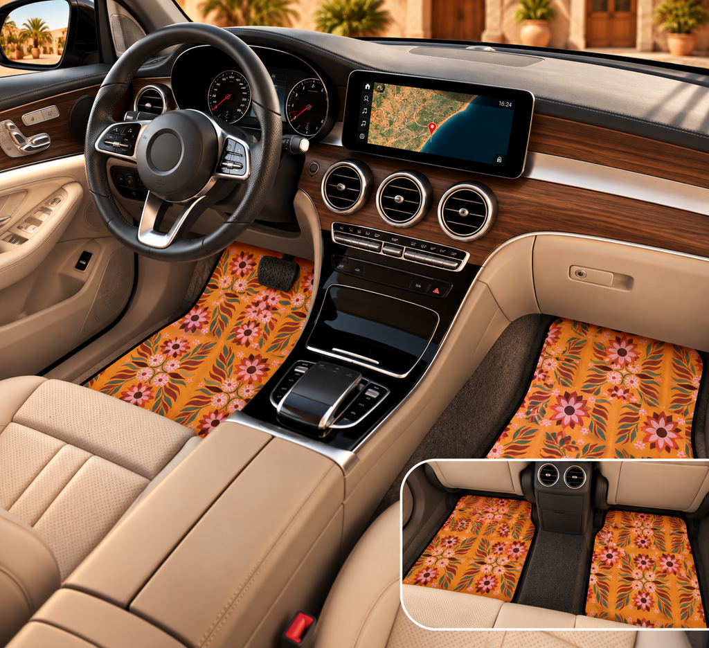 Boho orange floral car mats shown in a car interior