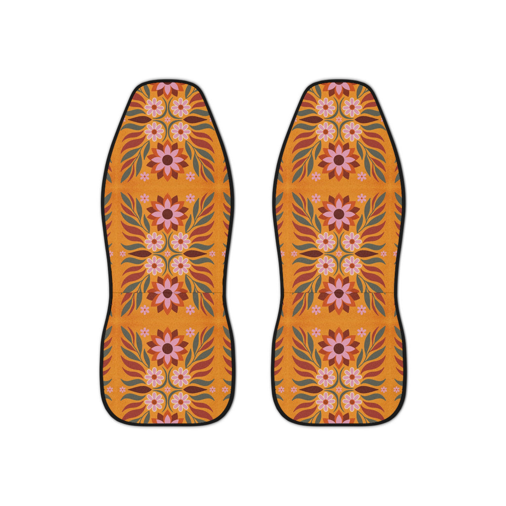 Boho orange floral car seat covers, set of two front seat covers