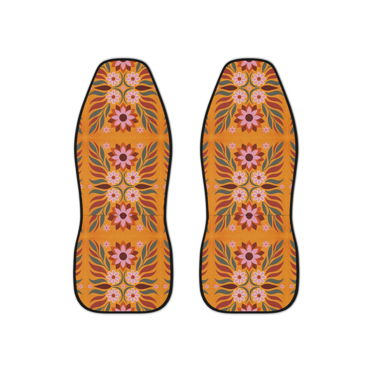 Boho orange floral car seat covers, set of two front seat covers