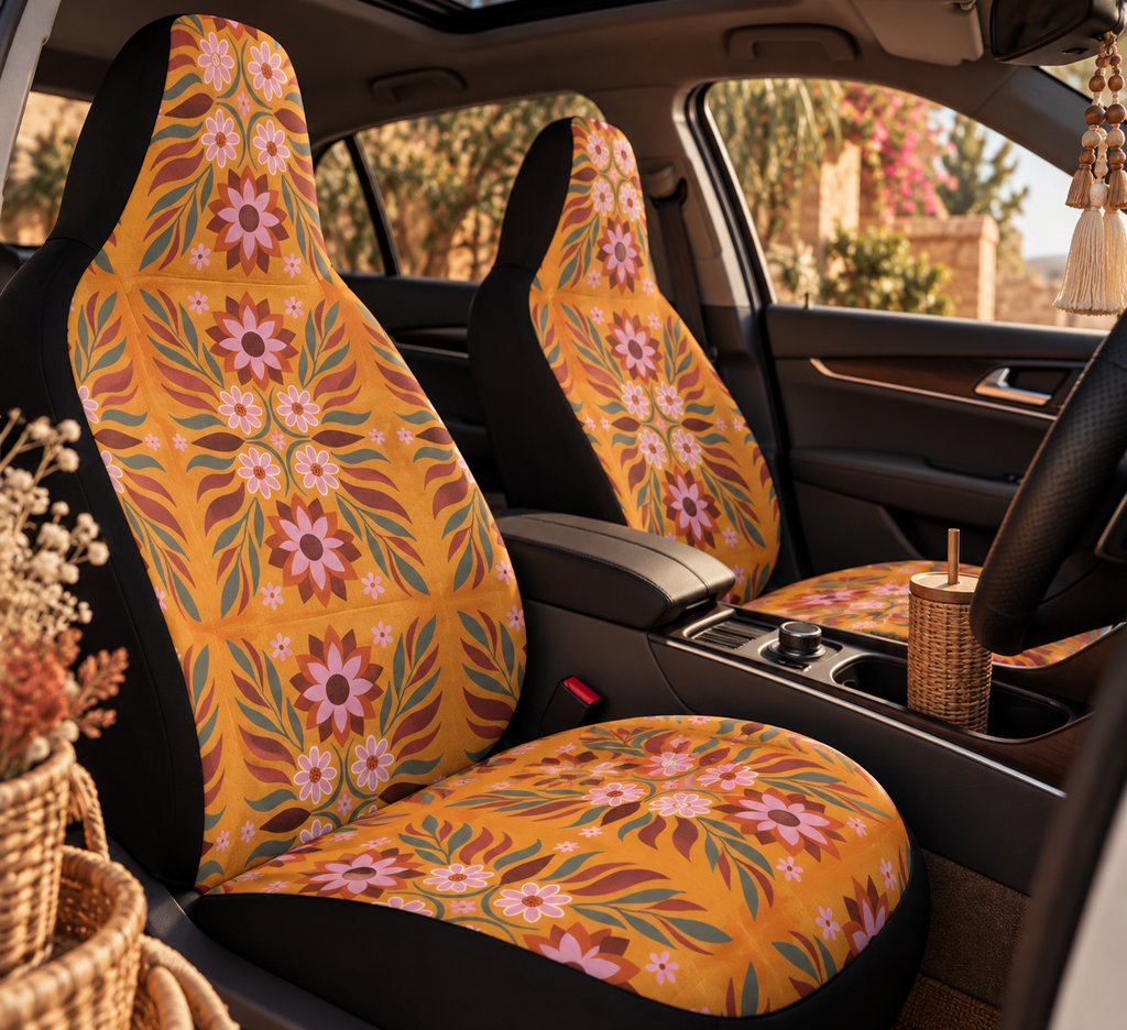 Boho orange floral car seat covers shown in a car interior