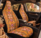 Boho orange floral car seat covers shown in a car interior